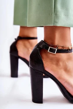 Klasyczne Skórzane Sandałki Na Słupku Czarne Sallen