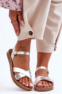 Klasyczne Skórzane Sandały Damskie Srebrne Talisma