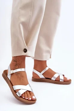 Klasyczne Skórzane Sandały Damskie Srebrne Talisma