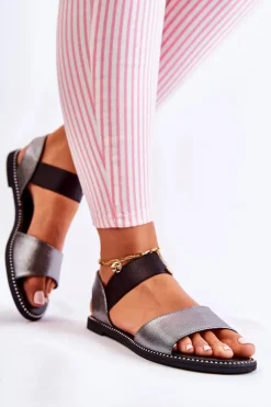 Klasyczne Skórzane Sandały Z Ćwiekami Ciemnosrebrne Shelly