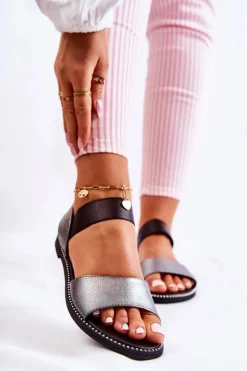 Klasyczne Skórzane Sandały Z Ćwiekami Ciemnosrebrne Shelly