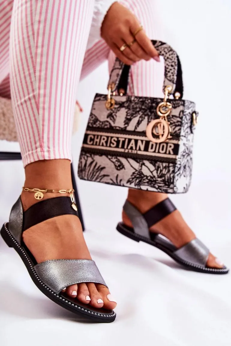 Klasyczne Skórzane Sandały Z Ćwiekami Ciemnosrebrne Shelly