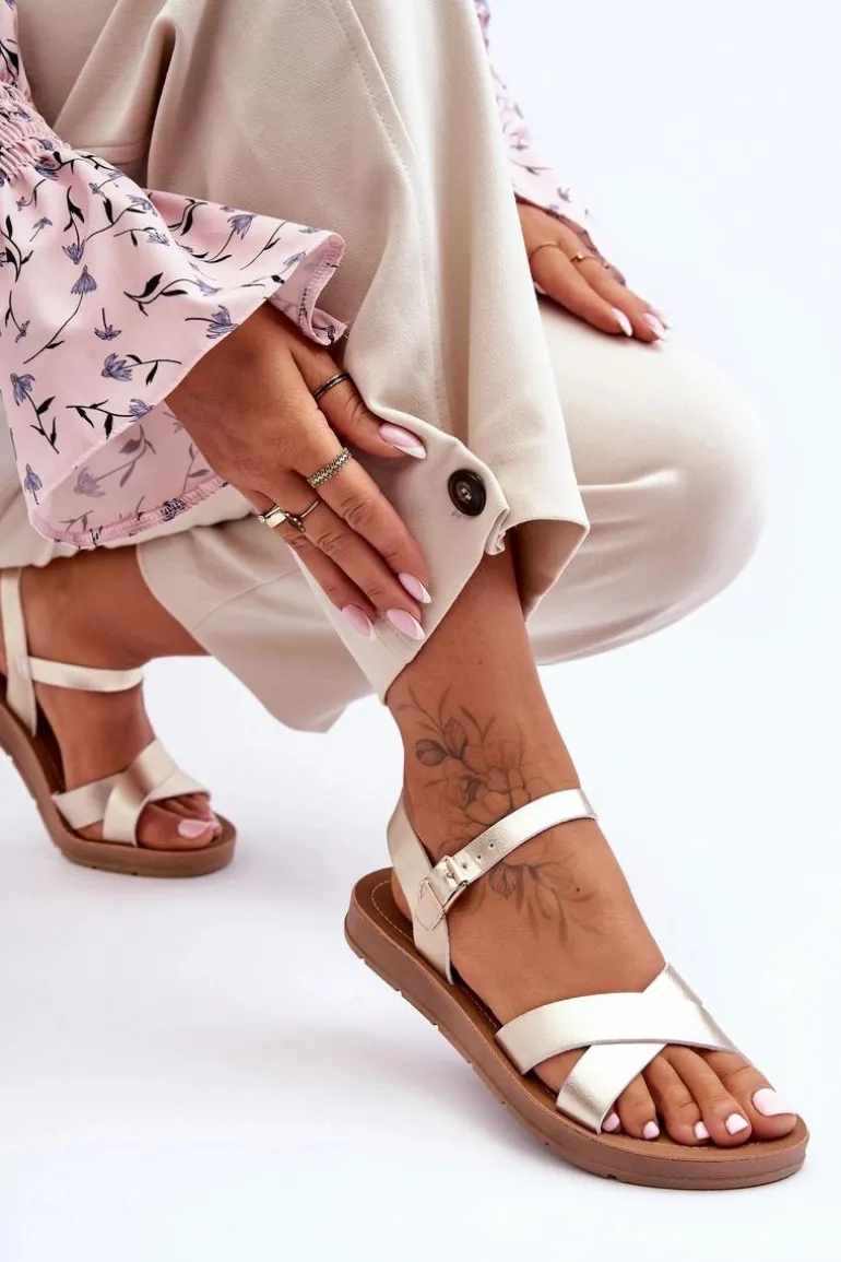 Klasyczne Skórzane Sandały Damskie Złote Talisma