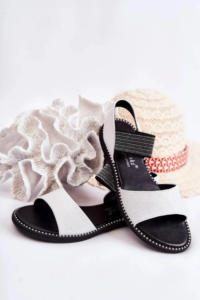 Klasyczne Skórzane Sandały Z Ćwiekami Srebrne Shelly