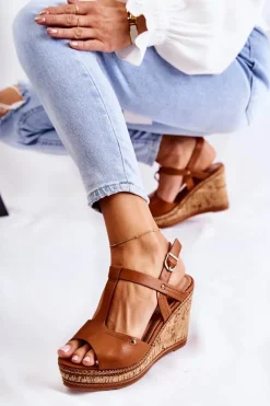 Klasyczne Skórzane Sandały Na Koturnie Brązowe Valorin