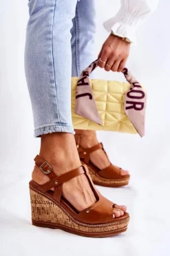 Klasyczne Skórzane Sandały Na Koturnie Brązowe Valorin