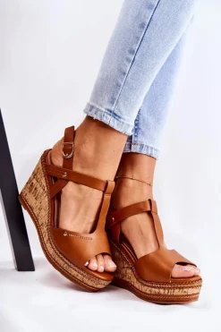 Klasyczne Skórzane Sandały Na Koturnie Brązowe Valorin