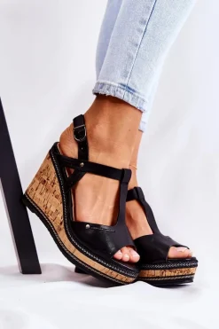 Klasyczne Skórzane Sandały Na Koturnie Czarne Valorin