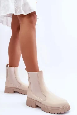 Klasyczne Skórzane Sztyblety Botki Beżowe Isminna