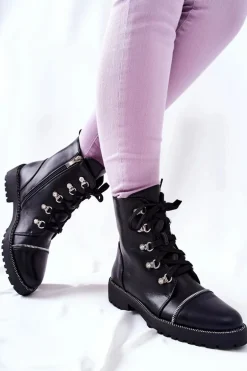 Klasyczne Skórzane Wiązane Botki Czarne Daiane