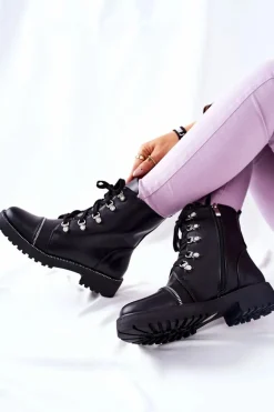 Klasyczne Skórzane Wiązane Botki Czarne Daiane