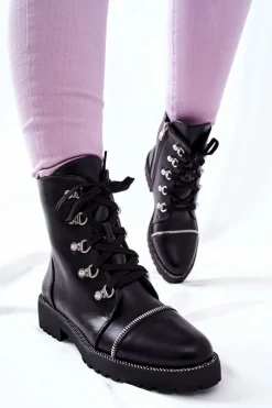 Klasyczne Skórzane Wiązane Botki Czarne Daiane