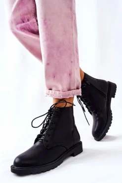 Klasyczne Skórzane Wiązane Botki Czarne Melome