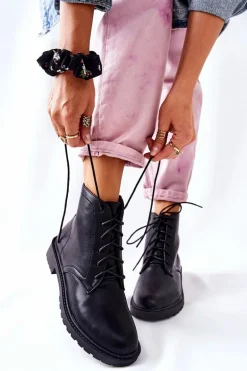 Klasyczne Skórzane Wiązane Botki Czarne Melome