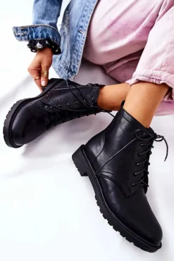 Klasyczne Skórzane Wiązane Botki Czarne Melome