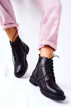 Klasyczne Skórzane Wiązane Botki Czarne Melome