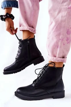 Klasyczne Skórzane Wiązane Botki Czarne Melome