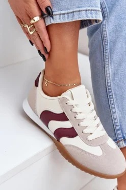 Klasyczne Sneakersy Damskie Z Eko Skóry Beżowo-Bordowe Maretina
