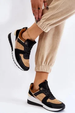 Klasyczne Sneakersy Na Koturnie Beżowo-Czarne Collide