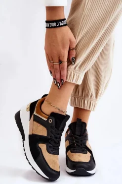 Klasyczne Sneakersy Na Koturnie Beżowo-Czarne Collide