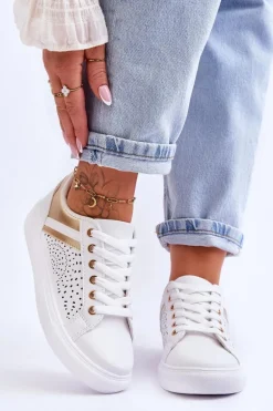 Klasyczne Sportowe Buty Z Ażurowym Wzorem Biało-Złote Happier