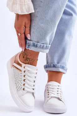 Klasyczne Sportowe Buty Z Ażurowym Wzorem Biało-Różowo-Złote Happier