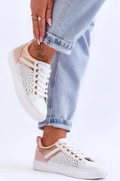 Klasyczne Sportowe Buty Z Ażurowym Wzorem Biało-Różowo-Złote Happier