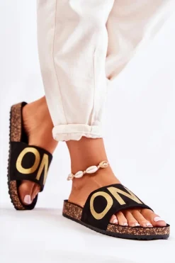 Klasyczne Wsuwane Klapki Z Napisem Czarno-Złote Bahari