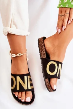 Klasyczne Wsuwane Klapki Z Napisem Czarno-Złote Bahari