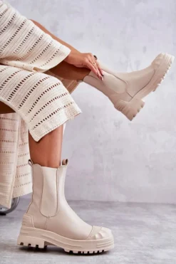 Klasyczne Wysokie Workery Botki Beżowe Bassti