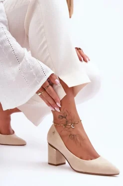 Klasyczne Zamszowe Czółenka Na Obcasie Z Ozdobą Jasnobeżowe Derren