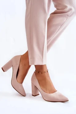 Klasyczne Zamszowe Czółenka Na Słupku Beżowe Kendra