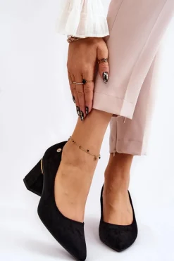 Klasyczne Zamszowe Czółenka Na Obcasie Z Ozdobą Czarne Derren