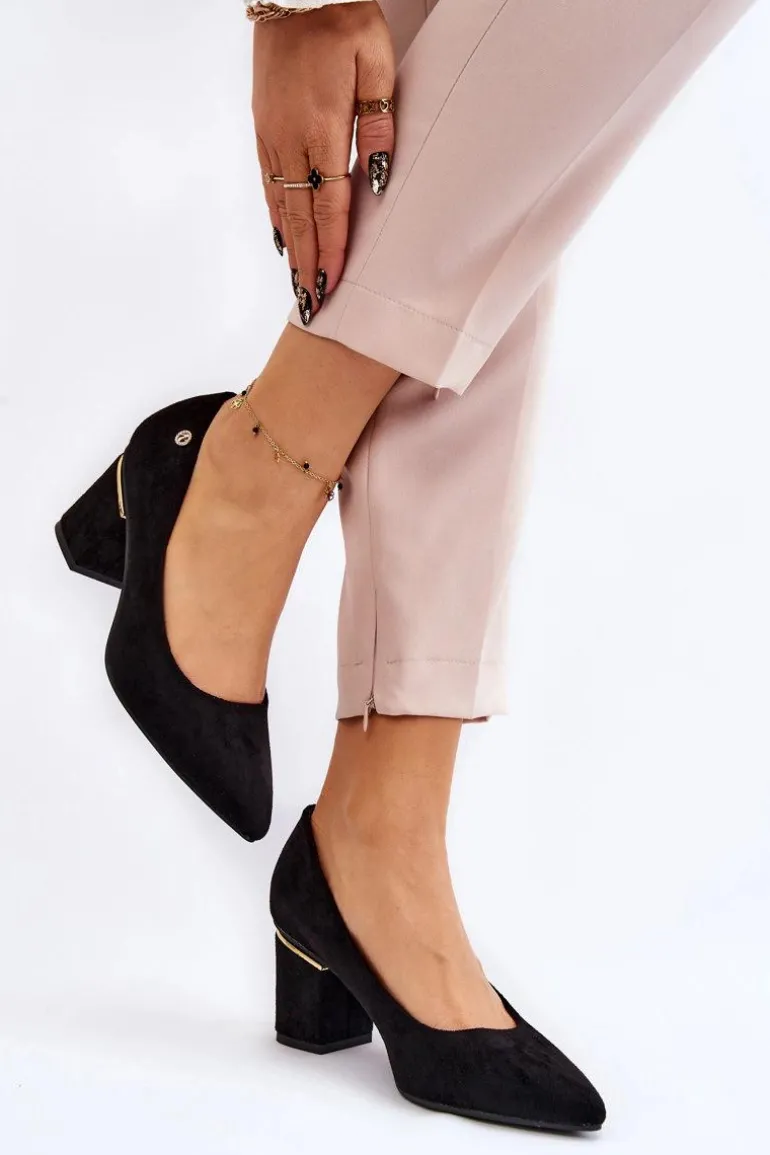 Klasyczne Zamszowe Czółenka Na Obcasie Z Ozdobą Czarne Derren