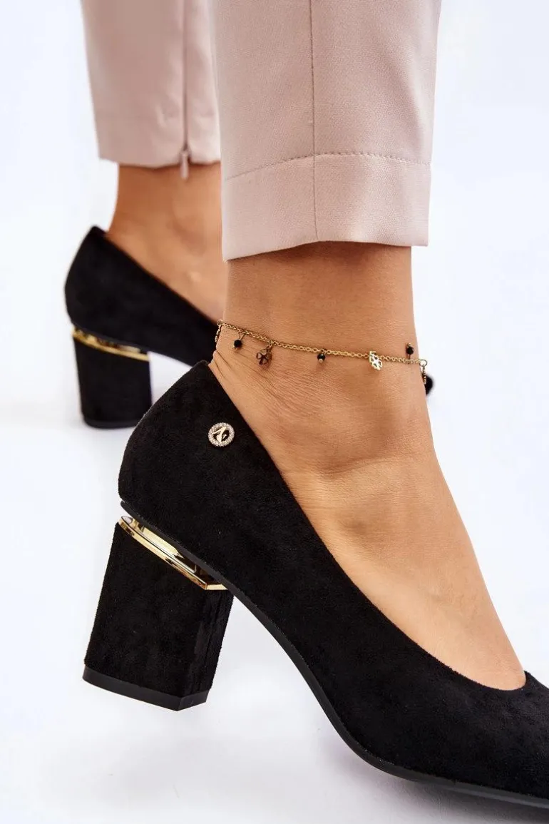 Klasyczne Zamszowe Czółenka Na Obcasie Z Ozdobą Czarne Derren