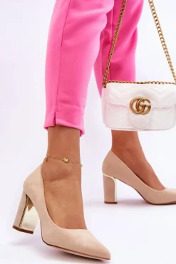 Klasyczne Zamszowe Czółenka Na Ozdobnym Słupku Beżowe Elizabeth