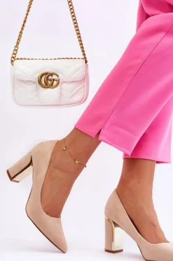 Klasyczne Zamszowe Czółenka Na Ozdobnym Słupku Beżowe Elizabeth