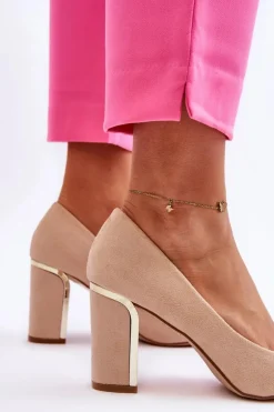 Klasyczne Zamszowe Czółenka Na Ozdobnym Słupku Beżowe Elizabeth