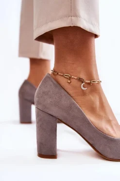 Klasyczne Zamszowe Czółenka Na Słupku Szare Kendra