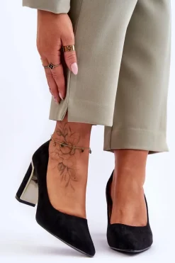 Klasyczne Zamszowe Czółenka Na Ozdobnym Słupku Czarne Elizabeth