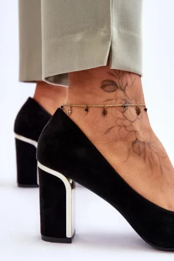 Klasyczne Zamszowe Czółenka Na Ozdobnym Słupku Czarne Elizabeth