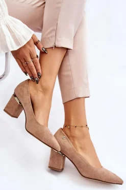 Klasyczne Zamszowe Czółenka Na Obcasie Z Ozdobą Beżowe Derren