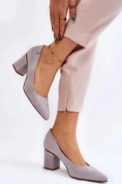 Klasyczne Zamszowe Czółenka Na Obcasie Z Ozdobą Szare Derren