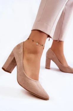 Klasyczne Zamszowe Czółenka Na Słupku Ciemnobeżowe Kendra