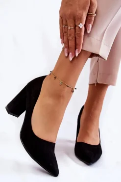 Klasyczne Zamszowe Czółenka Na Słupku Czarne Kendra