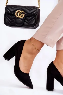 Klasyczne Zamszowe Czółenka Na Słupku Czarne Kendra