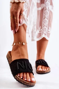 Klasyczne Zamszowe Klapki Z Koralikami Czarne Vayana