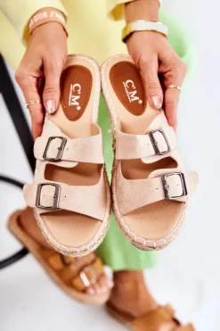 Klasyczne Zamszowe Klapki Damskie Beżowe Casilda