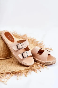 Klasyczne Zamszowe Klapki Damskie Beżowe Casilda