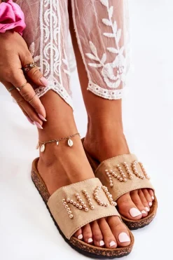 Klasyczne Zamszowe Klapki Z Koralikami Beżowe Vayana